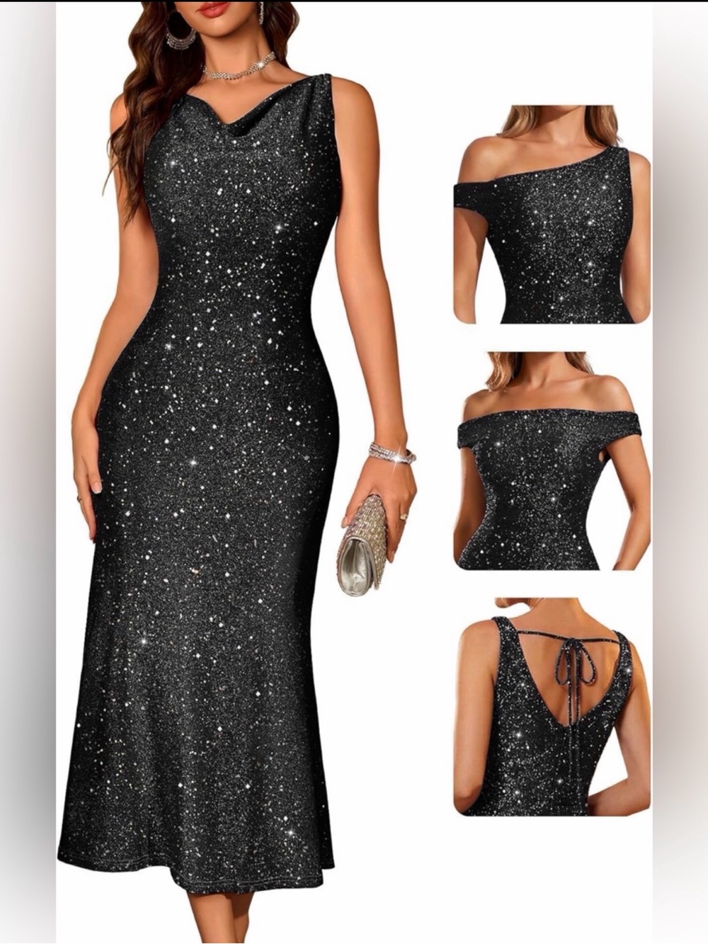 BeryLove Formal Sequin Black Sparkle Off-Shoulder Evening Bodycon LRG Dress NEW